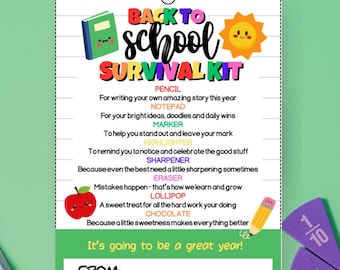 Back to School Survival Kit, Back to School Tags for Students, Student Survival Kit, First Day of School, Care Package, Teacher Appreciation