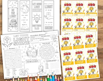 Let Your Light Shine Activity Bundle for Kids, Christian Kids Activity Sheet, Coloring Bookmarks & Gift Tags, Sunday School and VBS Craft