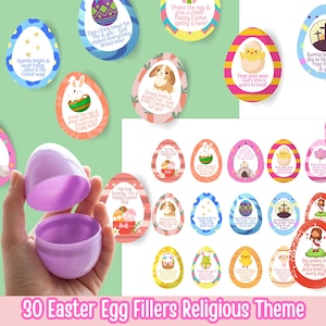 Puede incluir: Una mano sosteniendo un huevo de Pascua morado, con una variedad de rellenos coloridos con forma de huevo de temática religiosa. Los rellenos presentan imágenes de conejitos, pollitos, flores y símbolos religiosos, con texto inspirador. El texto en la parte inferior dice "30 Easter Egg Fillers Religious Theme."
