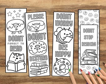 Donut Stop Reading Coloring Bookmarks Printable, Fun Donut Themed Bookmarks to Color, Fun Reading Craft for Kids & Adults, Book Lovers Gift