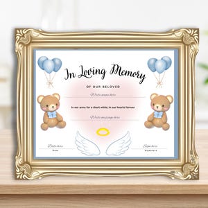 May include: A framed memorial print with the text "In Loving Memory." The print features two teddy bears, blue balloons, angel wings, and space to write a name and message. The frame is gold.