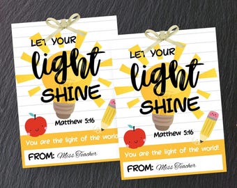 Let Your Light Shine Back to School Gift Tags, Printable Gift Tags, First Day of School, Favor Tags, Sunday School, Christian Classroom