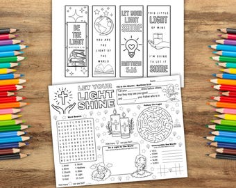 Let Your Light Shine Activity Bundle, Christian Kids Activity Page Printable, Bible Themed Coloring Bookmarks, Sunday School & VBS Craft