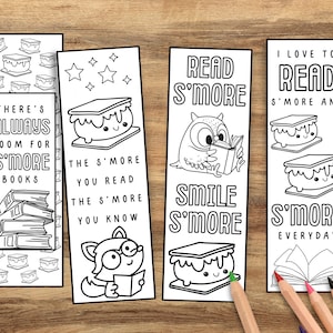May include: Set of five black and white bookmarks with cute illustrations and text. Designs include a stack of books, a smiling owl reading, and a fox reading. Text includes "There's Always Room for S'more Books" and "Read S'more".