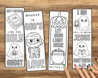 Halloween Bible Themed Coloring Bookmarks | Christian Trick or Treat Alternatives | Bible Verse Bookmarks to Color | Sunday School Craft