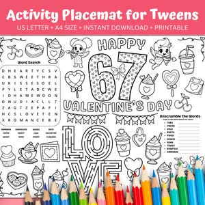 Könnte beinhalten: Schwarz-weißes Valentinstag-Aktivitäts-Platzset für Teenager. Enthält ein Wortsuchrätsel, ein Anagramm und ein Labyrinth. Enthält den Text "Happy Valentine's Day" und verschiedene Illustrationen zum Valentinstag.