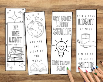 Let Your Light Shine Coloring Bookmarks Printable, Christian Bible Verse Bookmarks to Color, Inspirational Faith Craft for Kids & Adults