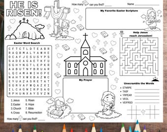 He Is Risen Easter Activity Placemat, Easter Bible Activity Page for Kids, Christian Sunday School Craft, Kids Coloring Page
