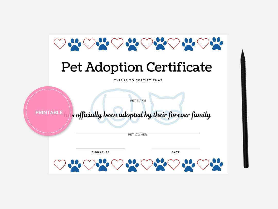 Pet Adoption Certificate Pet Adoption Paws Hearts Certificate US