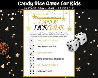 New Year Candy Dice Game for Kids Printable | Fun NYE Party Game | Kids New Years Eve Activity | Kids Holiday Party Game | Candy Dice Game
