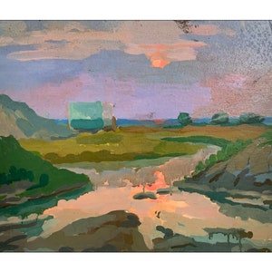 Steinbruch, Ölgemälde, Karton, 50 x 40 cm, Vintage 1980-1985, Original, Handgemalt