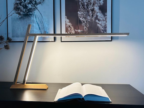 Handmade Oak Desk Lamp: Touch Dimming, Natural Wood, Home Office Decor.