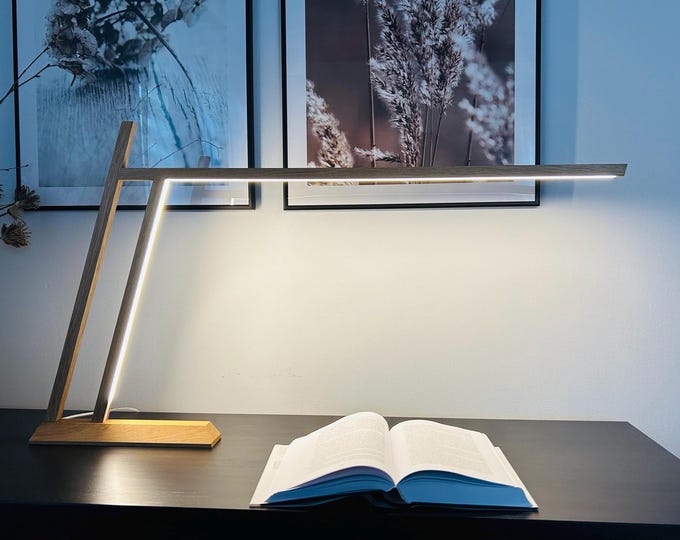Handmade Oak Desk Lamp: Touch Dimming, Natural Wood, Home Office Decor.