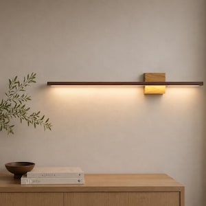 Led houten lamp, lamp Lineair, moderne eiken Schanslamp, Hallamp, woonkamer wandlamp Handgemaakte houten lamp HORACRA Interieurontwerp