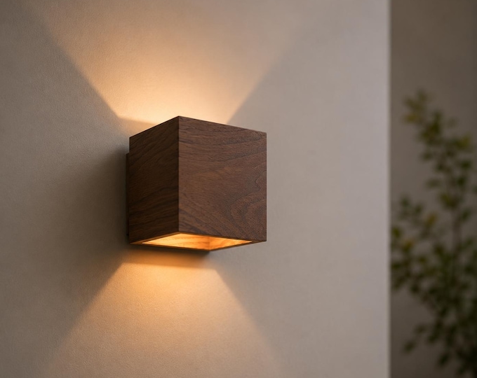 Handmade American Walnut Wood Sconce: Modern Cube Lamp