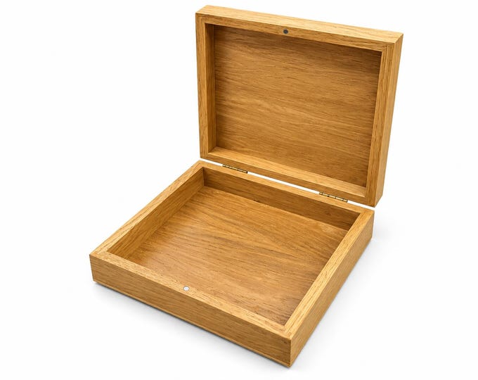 Solid Oak Keepsake Box 20x20x3,5 cm, Handmade Wooden Memory Box, Natural or Brown Oak Gift Box, Hinged Lid