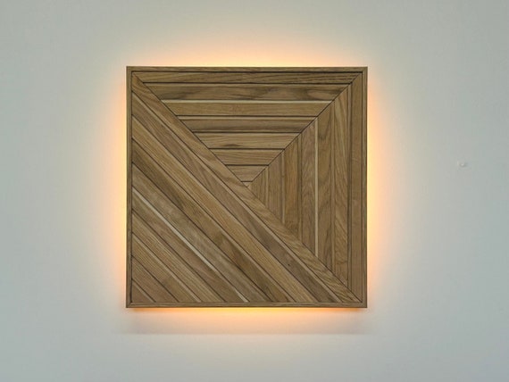 Handmade Oak LED Wall Lamp: Geometric Wood Panel Decor
