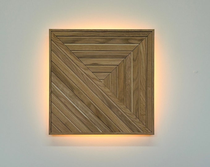 Handmade Oak LED Wall Lamp: Geometric Wood Panel Decor