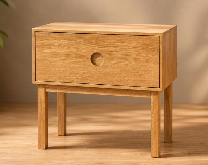 Solid Oak Nightstand, Handmade Scandinavian Bedside Table with Drawer