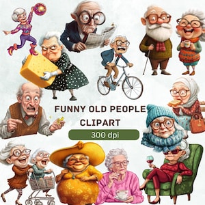 Funny Old People Watercolor Clipart Bundle: Grandma & Grandpa PNG (Commercial Use