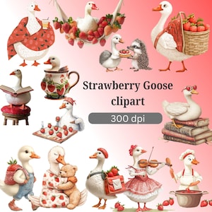 Strawberry Goose Clipart Bundle: Cottagecore PNG Graphics (Digital Download
