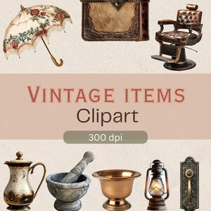 180+ vintage items clipartbundel, retro illustraties, antieke objecten, clipart voor digitaal gebruik, commercieel gebruik png's, klassiek en tijdloos