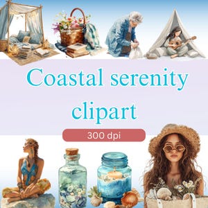 200 Watercolor Coastal Clipart PNG, Beach Serenity  Mega Bundle, Neutral Summer Fashion, Commercial Use,Fashion Beach Vacation Clipart Pack