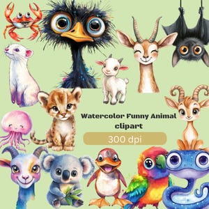 Watercolor Funny Animal Clipart Set: Whimsical Nursery Art PNGs (Digital Download, 200+)