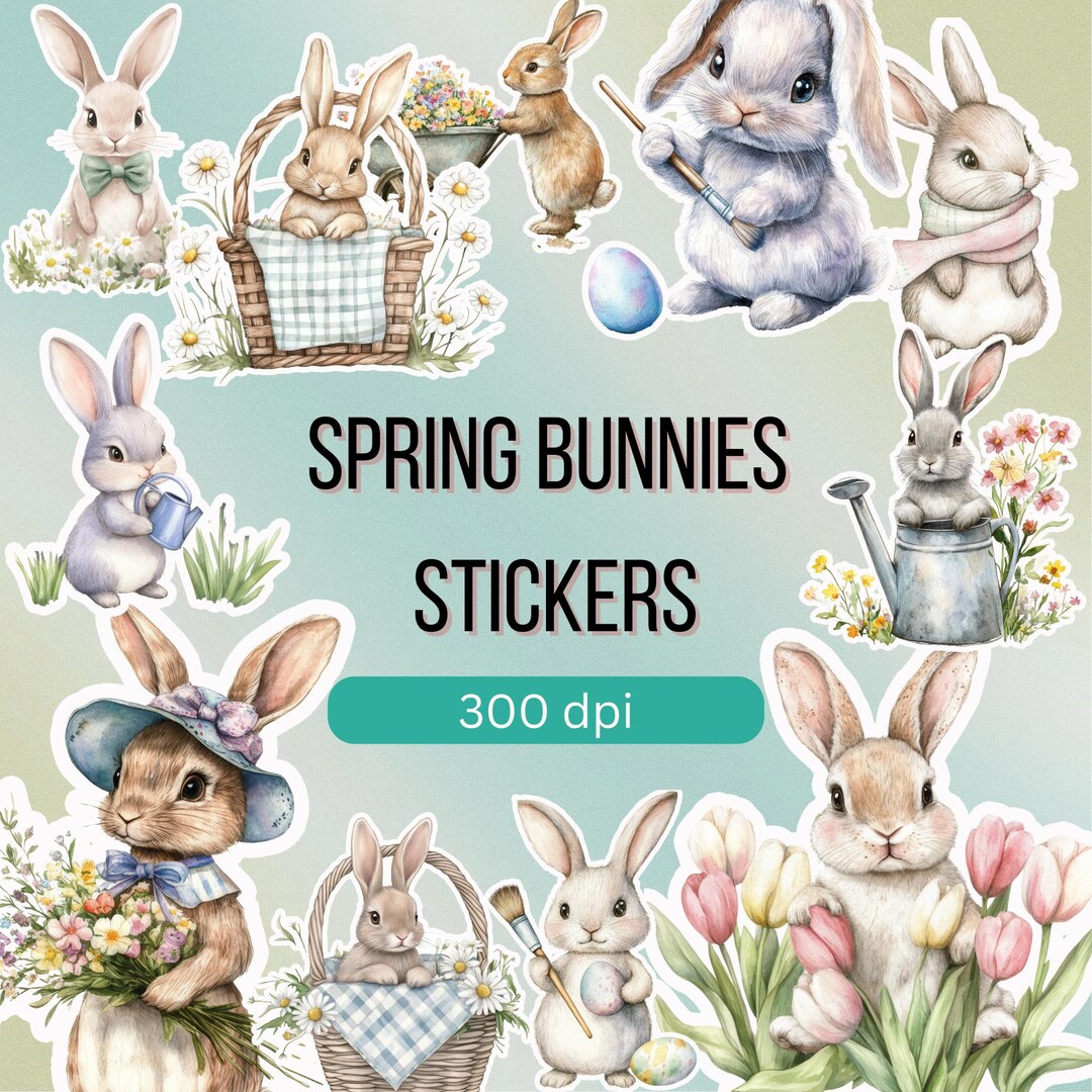 Spring Bunny Stickers: Floral Rabbit PNG, Goodnotes Stickers (digital ...