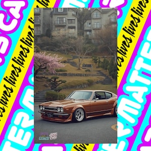 Könnte beinhalten: Ein braunes Oldtimer-Coupé mit silbernen Felgen parkt auf einer Straße. Das Auto steht vor einem japanischen Garten mit einem Haus im Hintergrund. Das Bild hat einen farbenfrohen Rand mit dem Text "lives lives lives".