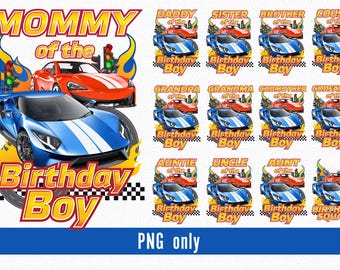 レーシングカーの誕生日の男の子の家族お揃いのPNG昇華バンドル、スポーツカーの誕生日のpng