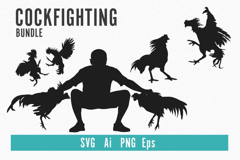 May include: Black silhouette graphic of a person squatting, surrounded by fighting roosters. The text "COCKFIGHTING BUNDLE" is at the top. Below is a teal banner with "SVG Ai PNG Eps".
