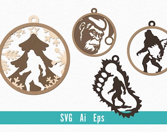 Bigfoot Christmas ornament laser cut Bundle, Bigfoot svg, Sasquatch Laser Cut SVG Ai Files, Cricut, Instant Download, Bigfoot Christmas