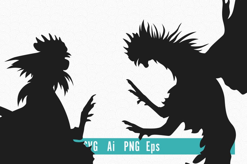May include: Black silhouette illustration of two roosters facing each other, with detailed feather and claw features. The image has a white background with a subtle pattern. The text "SVG Ai PNG Eps" is at the bottom.