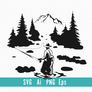 Trout fishing scene, Fisherman svg, fly fishing, mountain river fishing, Vector, Engraving, Instant Download Fisherman Art svg vector