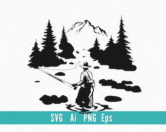 Trout fishing scene, Fisherman svg, fly fishing, mountain river fishing, Vector, Engraving, Instant Download Fisherman Art svg vector