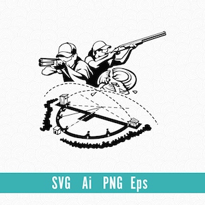 May include: Monochrome illustration of two people aiming shotguns at a clay pigeon. The design features a clock-face graphic with dotted lines and small buildings, and the text "SVG Ai PNG Eps".