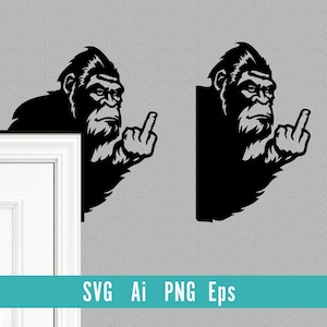 May include: Black silhouette of a gorilla giving the middle finger, designed to be placed on a corner. The gorilla is shown in profile, with detailed fur and facial features. The image includes the text "SVG Ai PNG Eps".