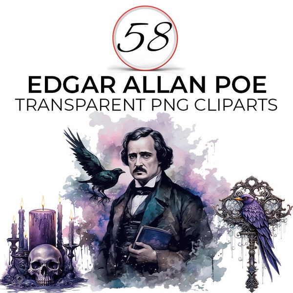 58 Edgar Allan Poe illustraties, gotische kunst, Halloween clipart, Raven kunst