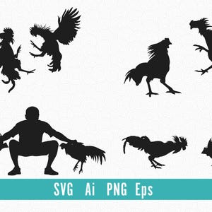 May include: Black silhouette illustrations of roosters in various poses, including fighting and standing. A human figure is also depicted. The image includes the text "SVG Ai PNG Eps" in a teal banner.