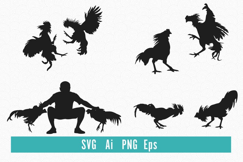 May include: Black silhouette illustrations of roosters in various poses, including fighting and standing. A human figure is also depicted. The image includes the text "SVG Ai PNG Eps" in a teal banner.