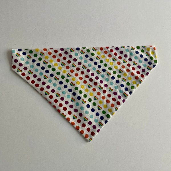 Dog rainbow pride hearts and colorful polka dots bandana, stylish personalized over the collar bandana for LGBTQ couples, lesbians and gays