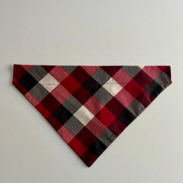 Dog red black and white buffalo check bandana, stylish personalized over the collar gift for country pet owners, lovers, pups and families.