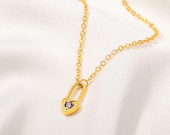 Custom Birthstone Tiny Heart Lock Necklace | Personalized Love Padlock Necklace |Sterling Silver 925 Jewelry|Valentine's Day Gift for couple