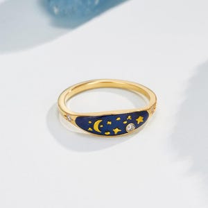 Personalized Birthstone Moon & Stars Enamel Ring | Sterling Silver 925 Celestial Jewelry | Customized Sun and Moon Ring | Promise ring
