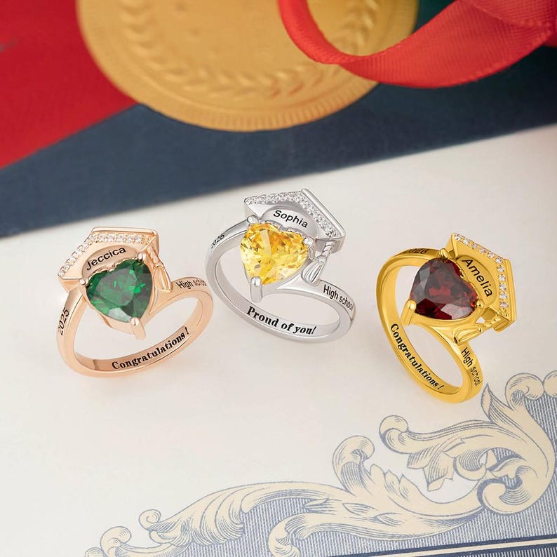 Graduation Rings Hat Custom Graduation Cap Ring | Sterling Silver, Heart Birthstone - Etsy