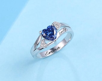 Personalized Sterling Silver Heart Birthstone Ring | Engraved Promise Ring