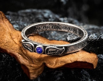Anillo de alas de ángel de latón personalizado/Piedra de nacimiento simulada, joyería conmemorativa