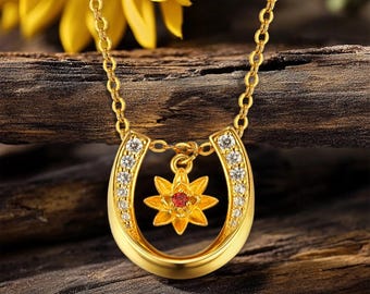 Collana a ferro di cavallo inciso / Fiore di nascita in argento sterling, pietra portafortuna