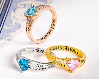 Anillo de graduación grabado personalizado: piedra de nacimiento de corazón, plata de ley o latón